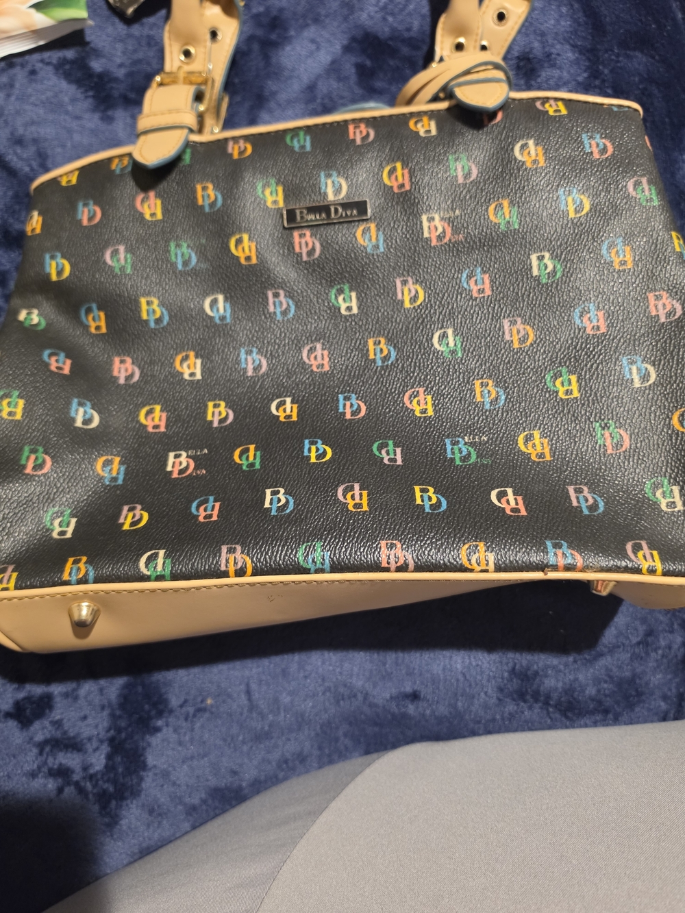 Bella Vita Black Tote with Multicolor Logo and Tan Trim